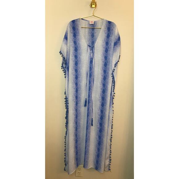 Buddy Love Snake Print Maxi Caftan M Blue White Pom Pom Trim - Picture 1 of 8
